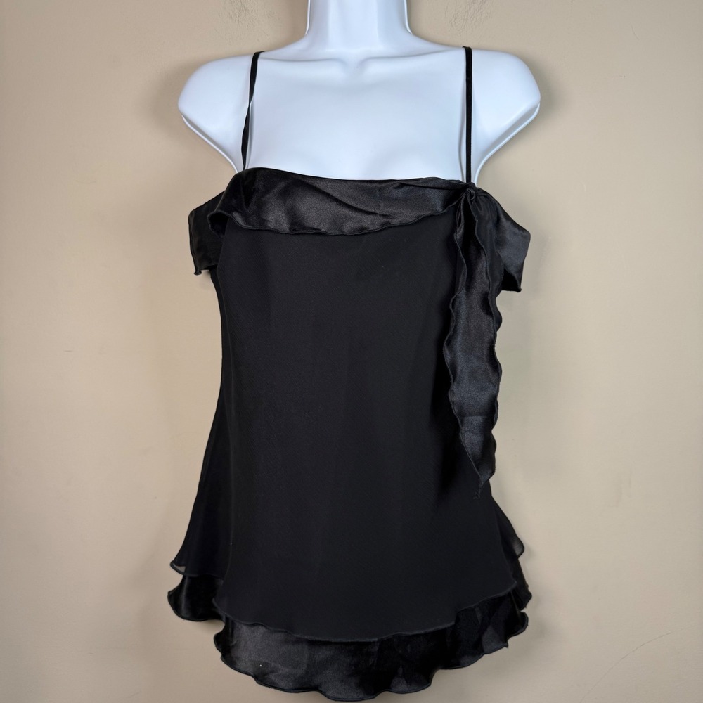 Dorothy Perkins Black Satin Chiffon Ruffle Camisole Top Whimsigoth Y2K Coquette